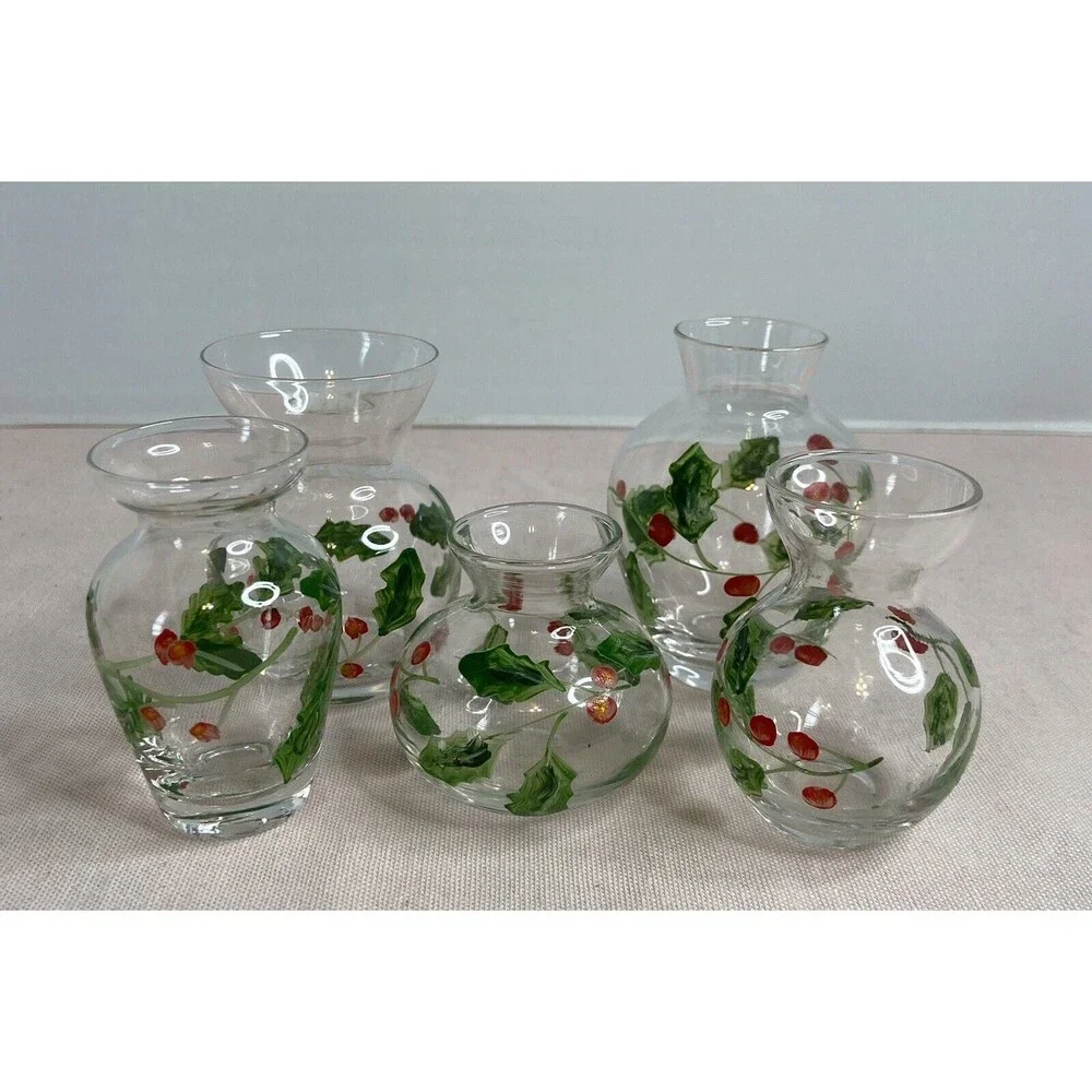 HAND PAINTED GLASS , CLEAR MINI VASES. 5 ITEMS IN THE SET.  VINES & BERRIES.